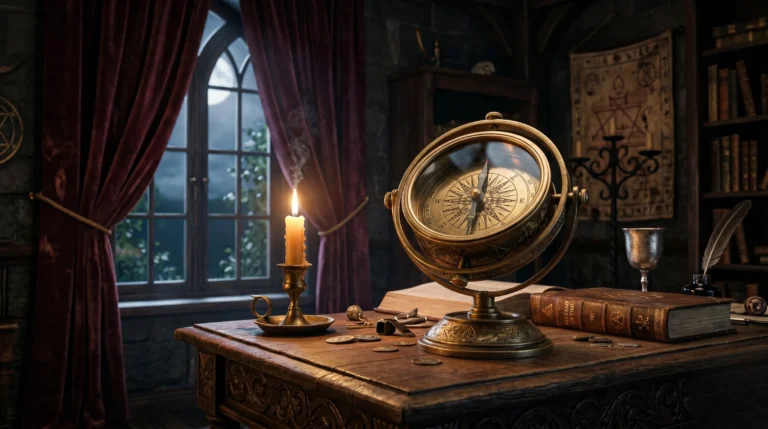 Boussole et grimoire ancien sur une table en bois sombre pour une esthétique alchimiste.