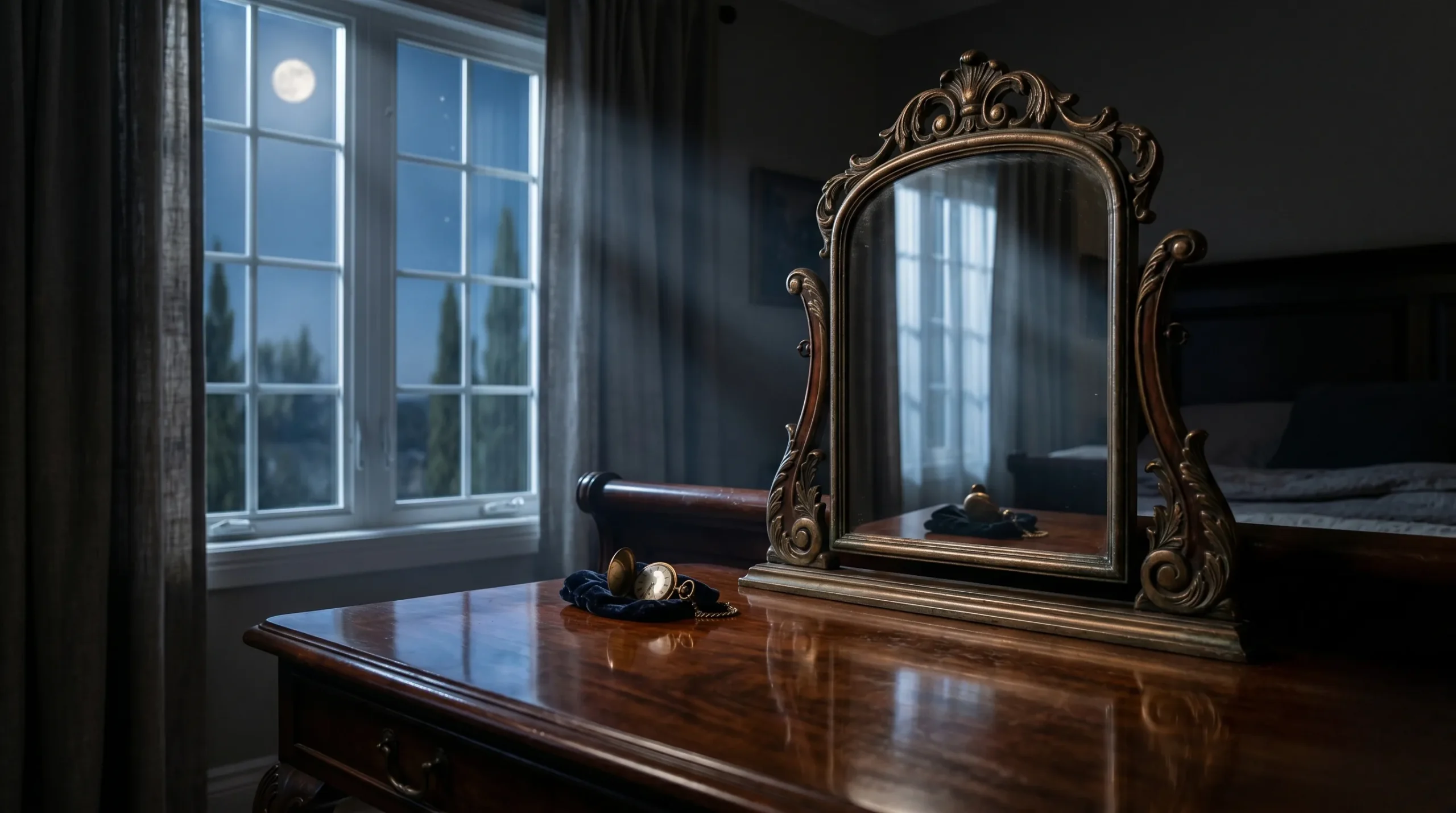 Reflet d'un miroir ancien éclairé par la lune pour une ambiance ésotérique. 09h09 signification