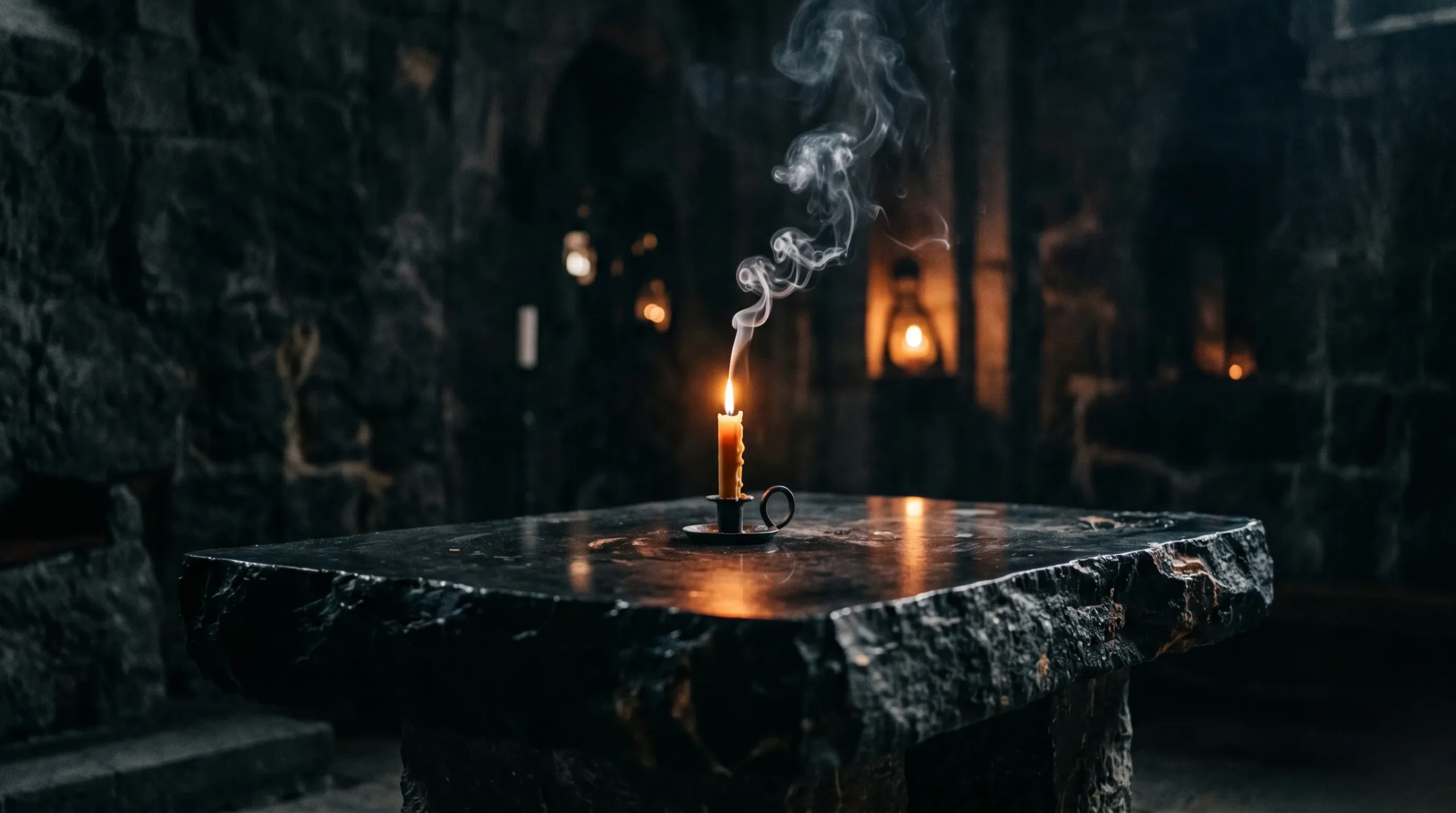 Une ambiance mystique et feutrée avec une bougie sur un autel en pierre, évoquant la signification spirituelle de 10h01. 10h01 signification 