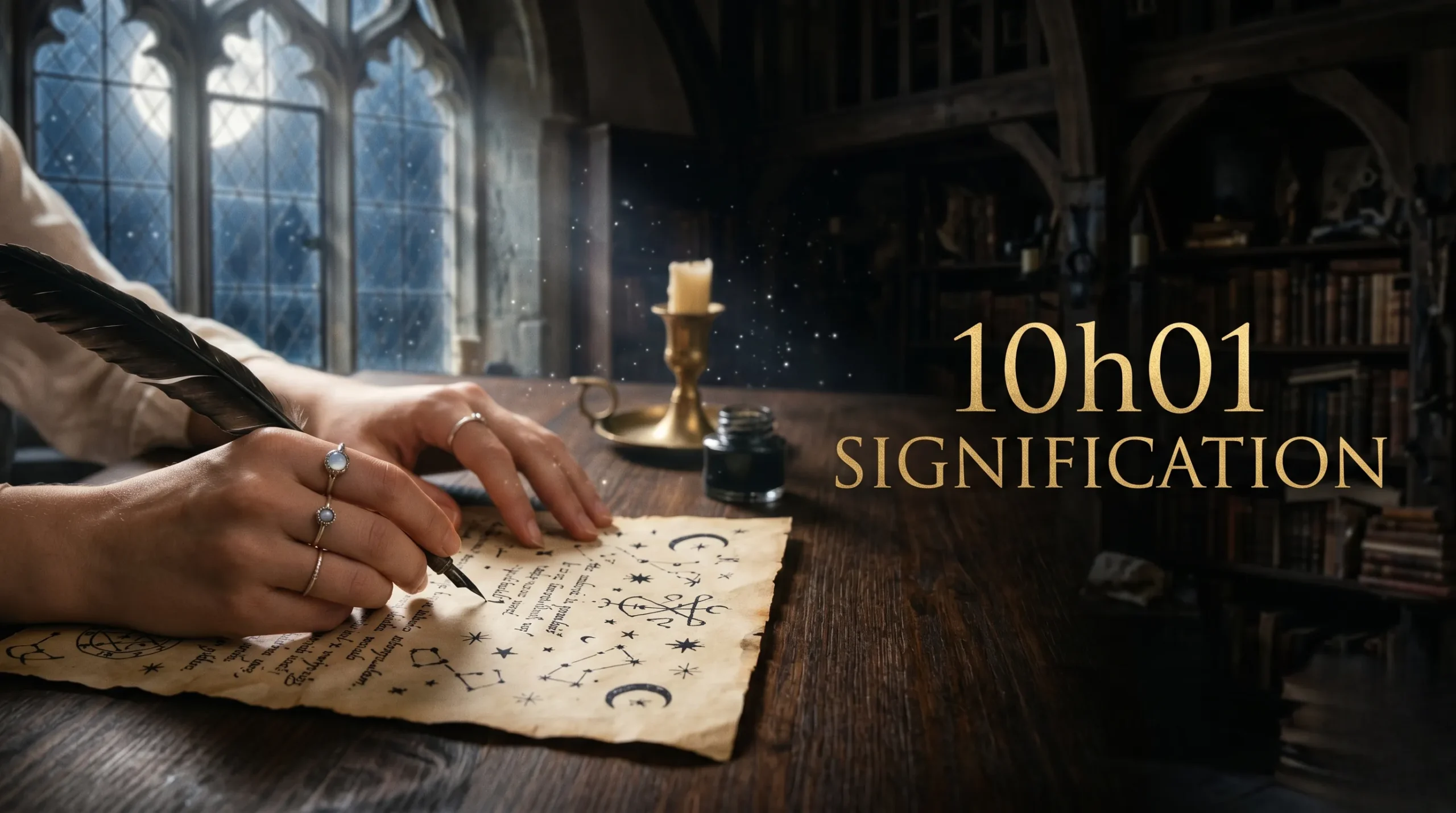 Image éditoriale élégante avec calligraphie dorée sur parchemin ancien pour illustrer la signification du chiffre 10h01.