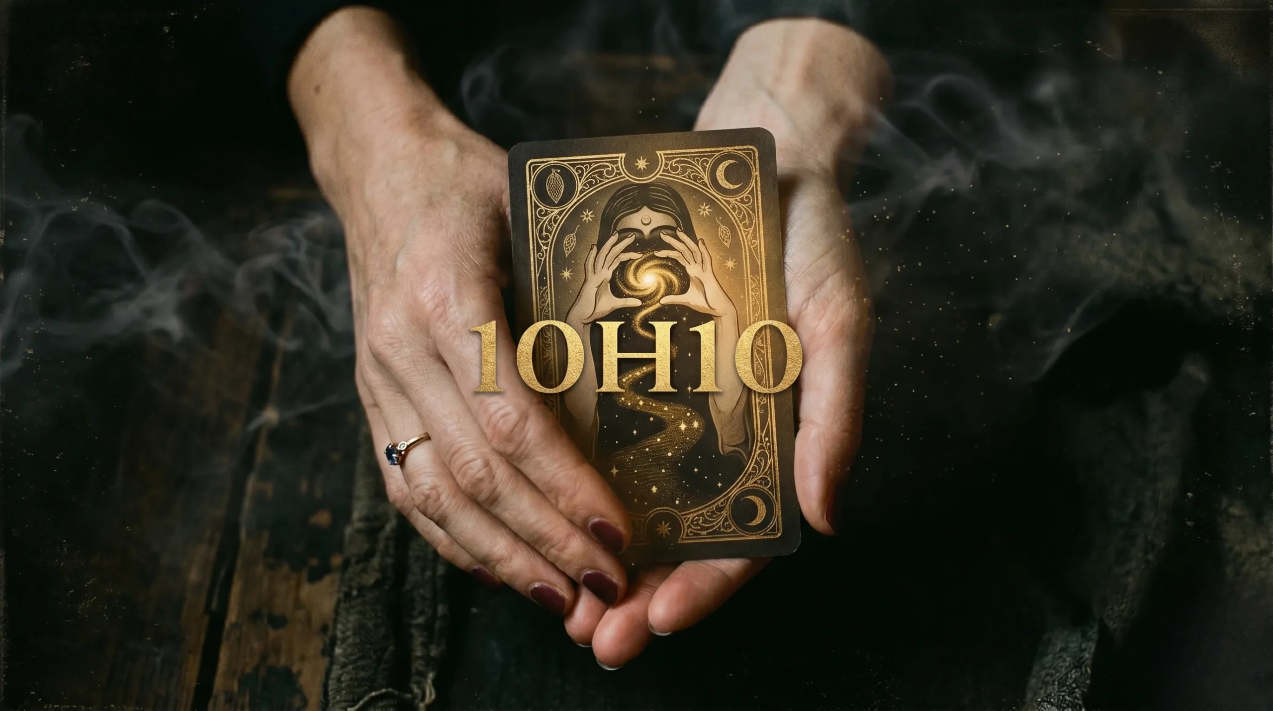 Mains tenant une carte de tarot mystique avec le texte 10h10 inscrit en lettres dorées. 10h10 signification
