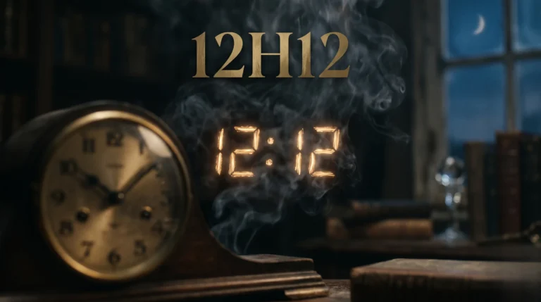 Chiffres 12h12 apparaissant dans une mise en scène mystique et élégante.