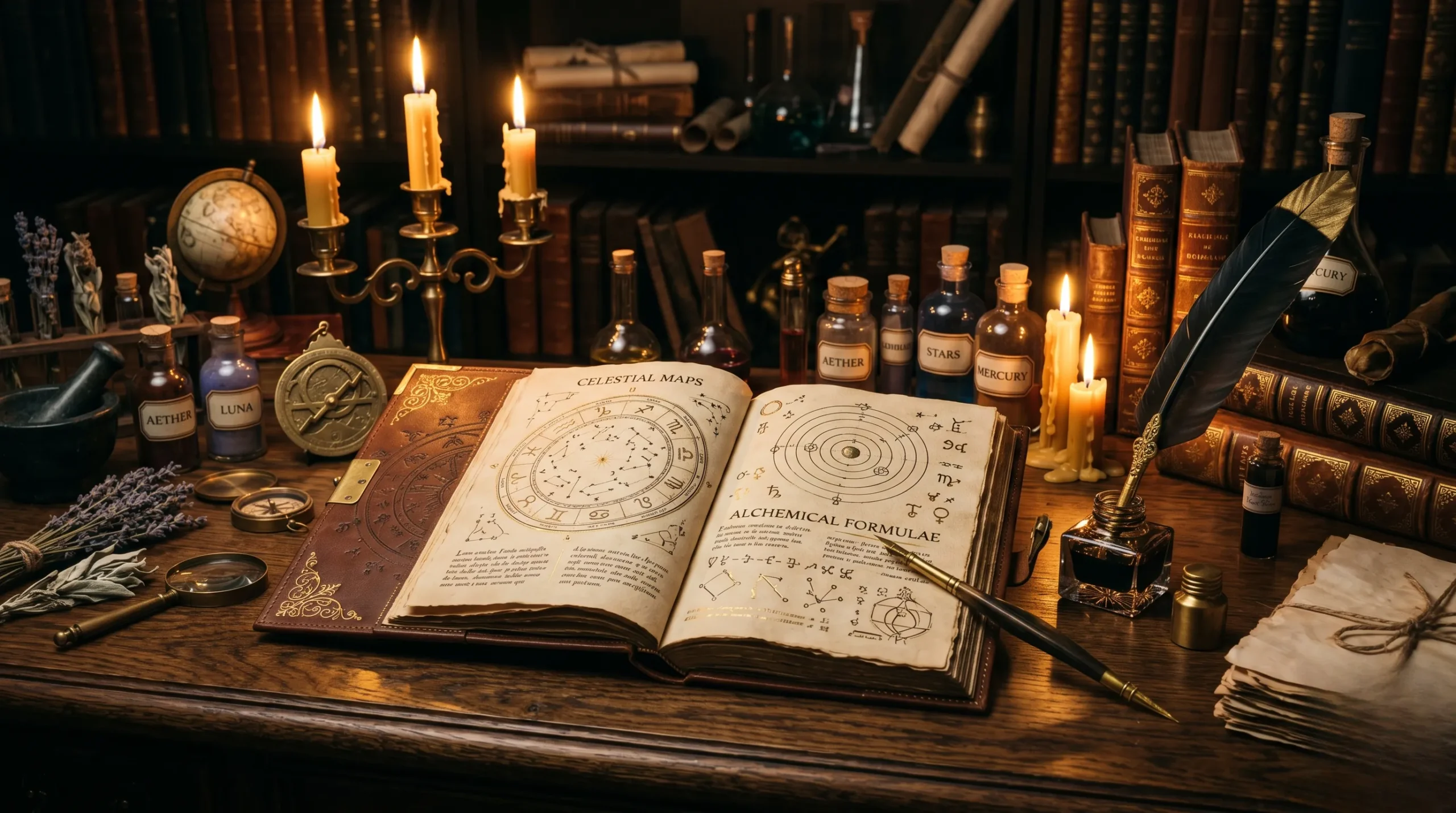 Bureau ésotérique avec cartes célestes et plume d'écriture, style alchimiste moderne. 12h12 signification