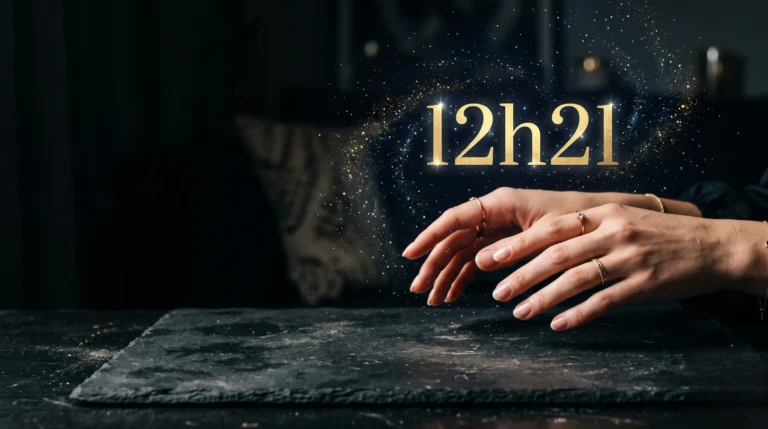Un sablier en laiton sur un bureau en bois sombre baigné par la lueur d'une bougie, ambiance mystique et luxueuse pour la signification de l'heure miroir 12h21.