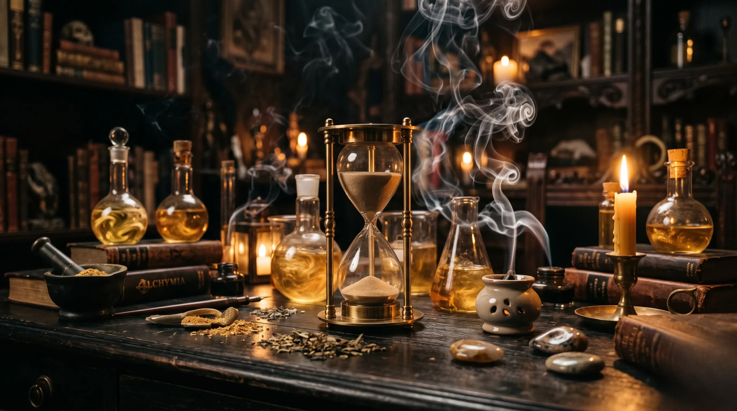 Fioles en verre et liquide doré sur une table en bois sombre, ambiance d'alchimie pour la signification de 14h41. 14h41 signification