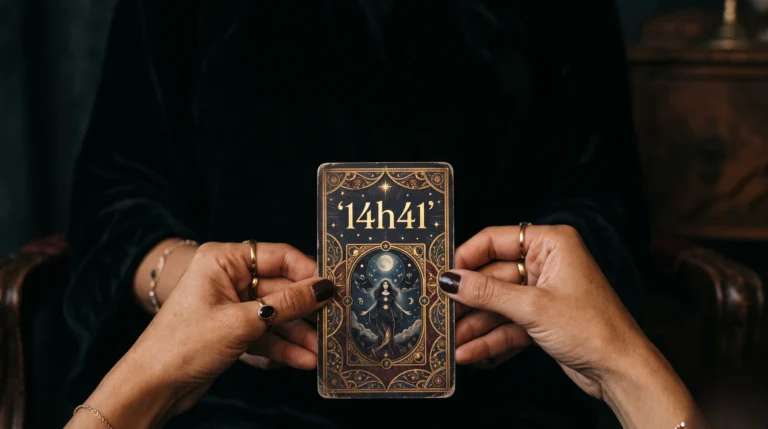 Carte de tarot tenue par des mains, avec le texte doré 14h41 incrusté dans l'espace vide, design haut de gamme.