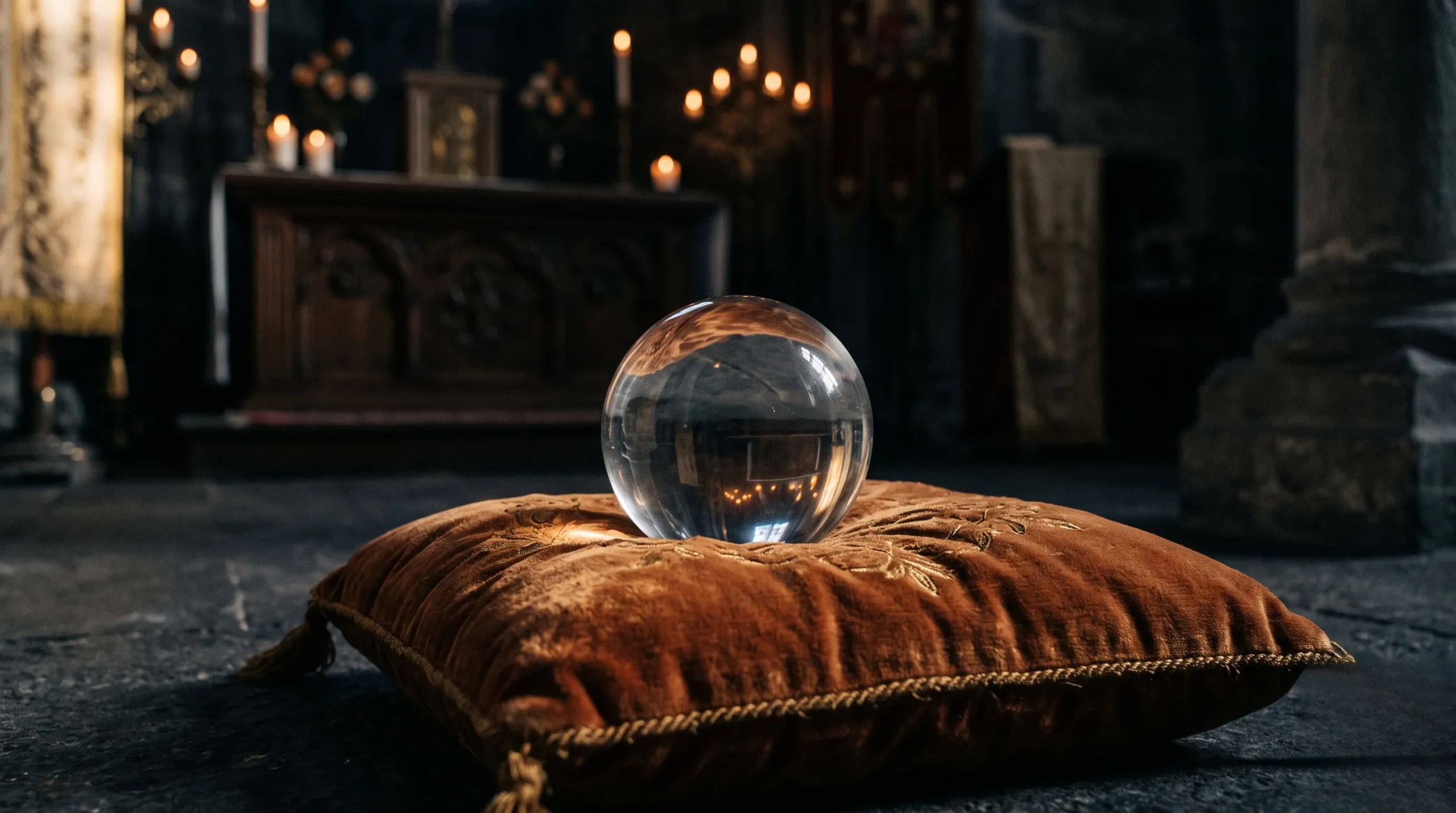 Sphère de cristal posée sur un coussin de velours chaud, éclairage dramatique et luxueux pour 15h51. 15h51 signification