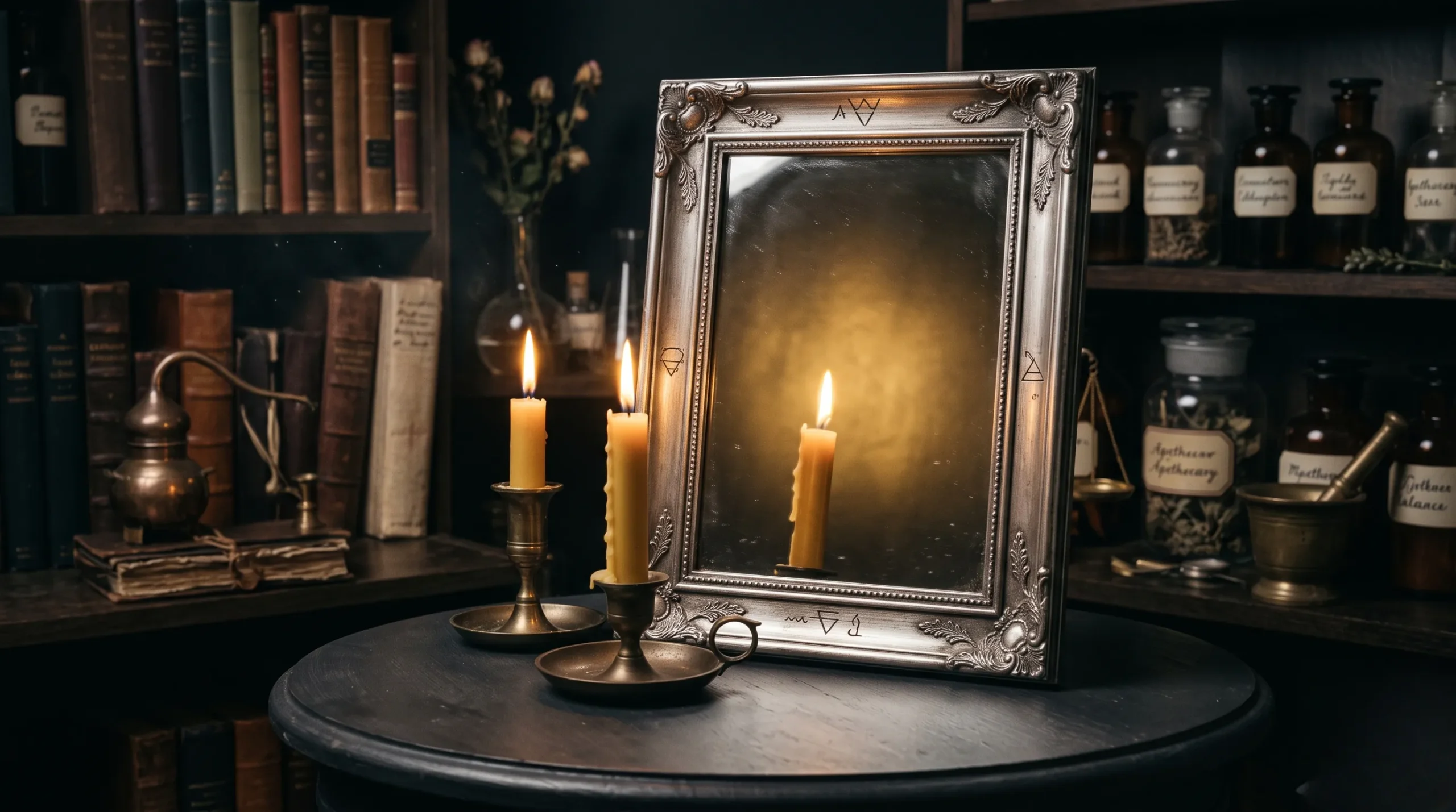 Miroir argenté reflétant deux bougies pour illustrer la dualité et l'amour du chiffre 18. 18 signification amour