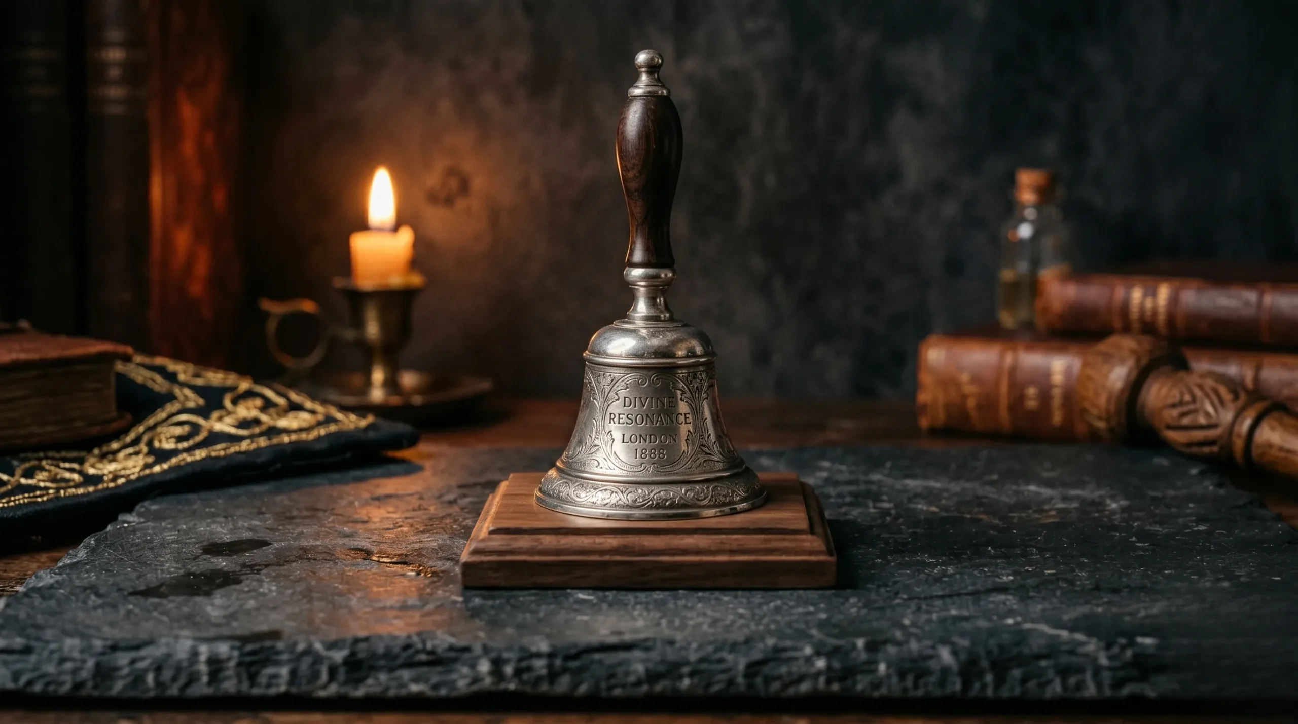 Une cloche en argent sur un support sombre, évoquant la spiritualité de 21h21. 21h21 signification