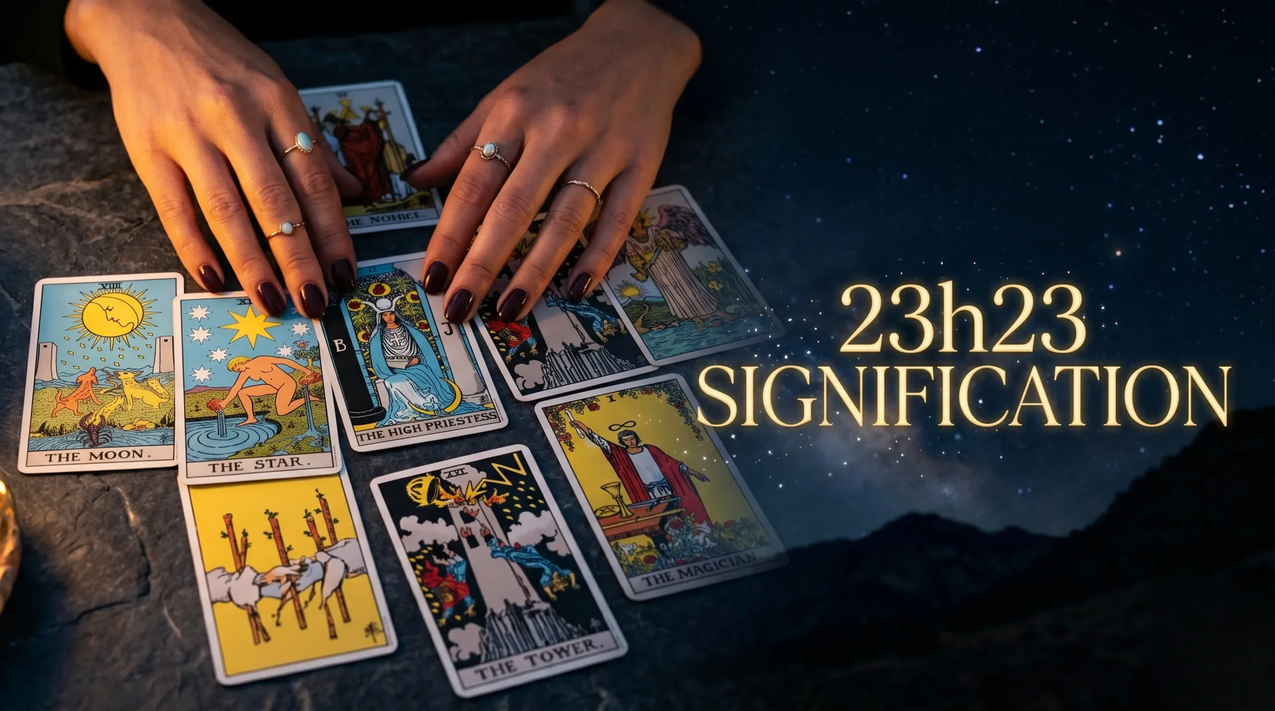 Des cartes de tarot manipulées avec élégance pour illustrer la signification du chiffre 23h23.