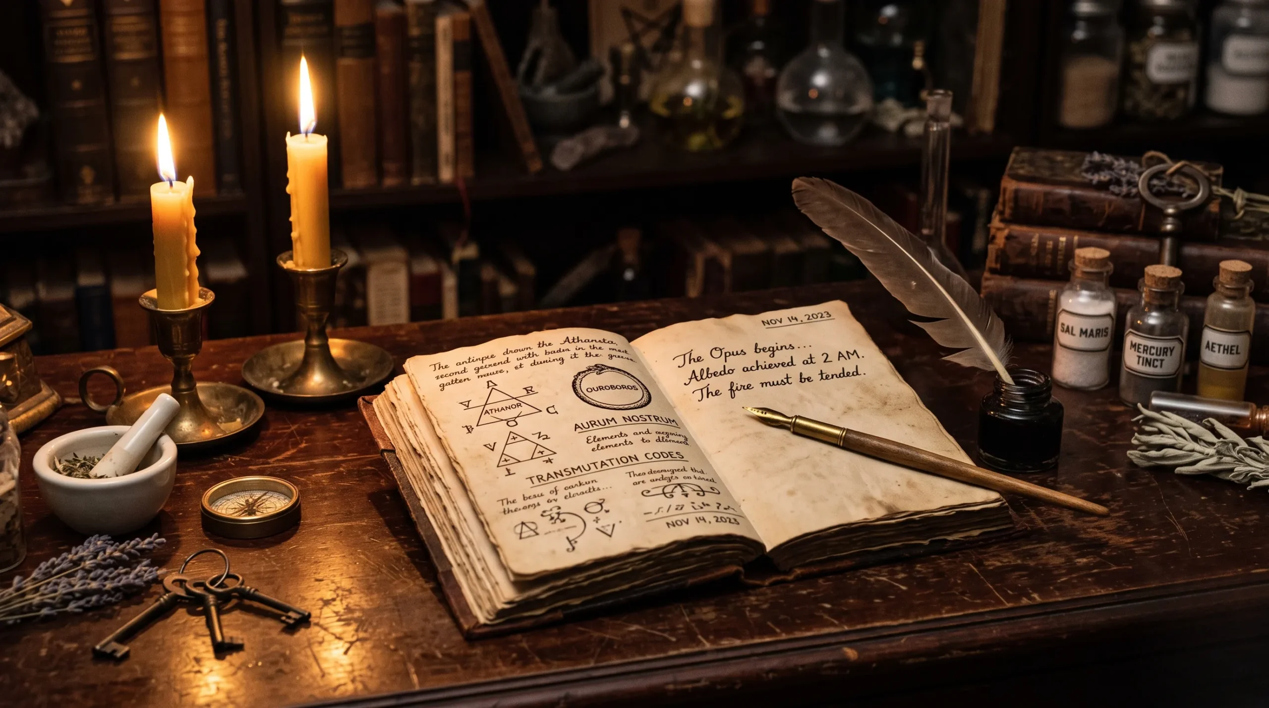 Un journal intime ancien ouvert sur un bureau sombre pour une guidance spirituelle nocturne. Guidances de nuit