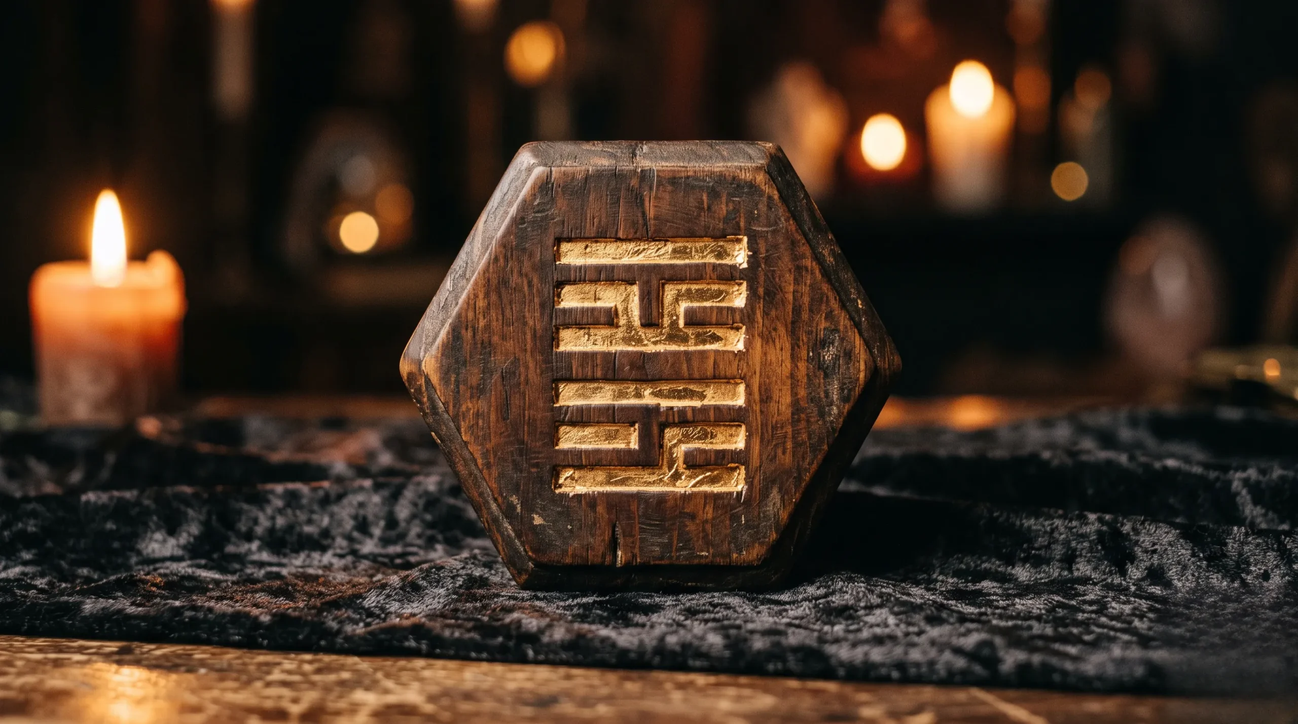 Un hexagramme 30 gravé sur bois ancien dans une ambiance mystique et feutrée pour une clarté spirituelle.