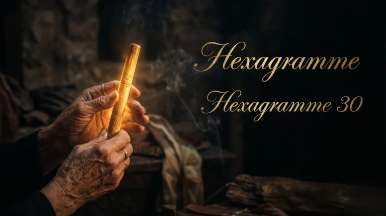Illustration éditoriale pour l'article sur l'hexagramme 30 avec typographie élégante sur fond sombre.