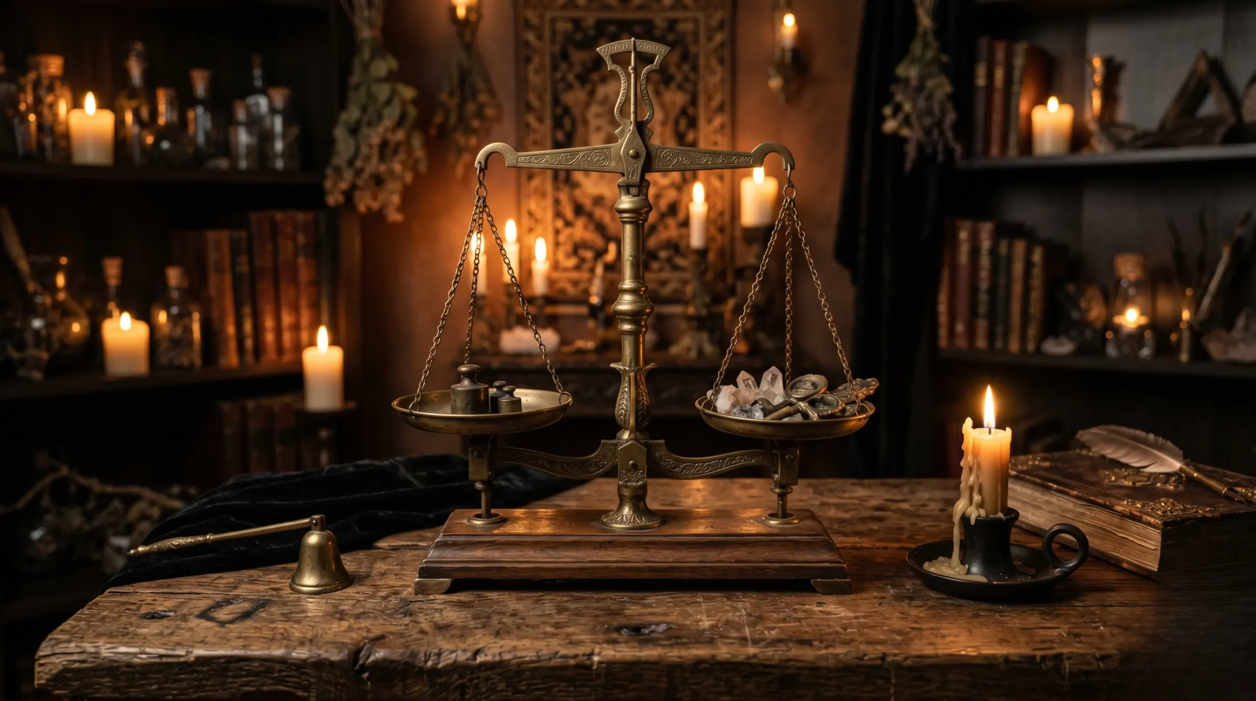Une balance en laiton antique sur une table sombre évoquan t la symbolique du karma dans une atmosphère mystique Le karma c es quoi