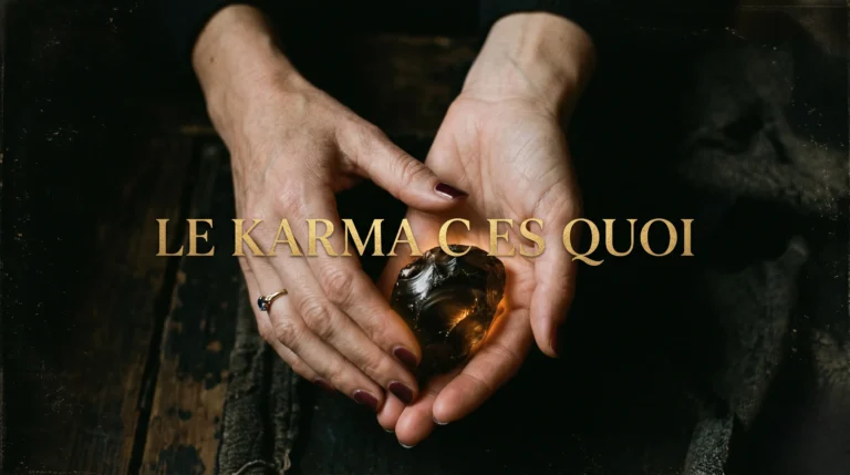 Mains tenant une pierre d'obsidienne lumineuse avec le texte stylisé Le karma c es quoi en lettres d'or.