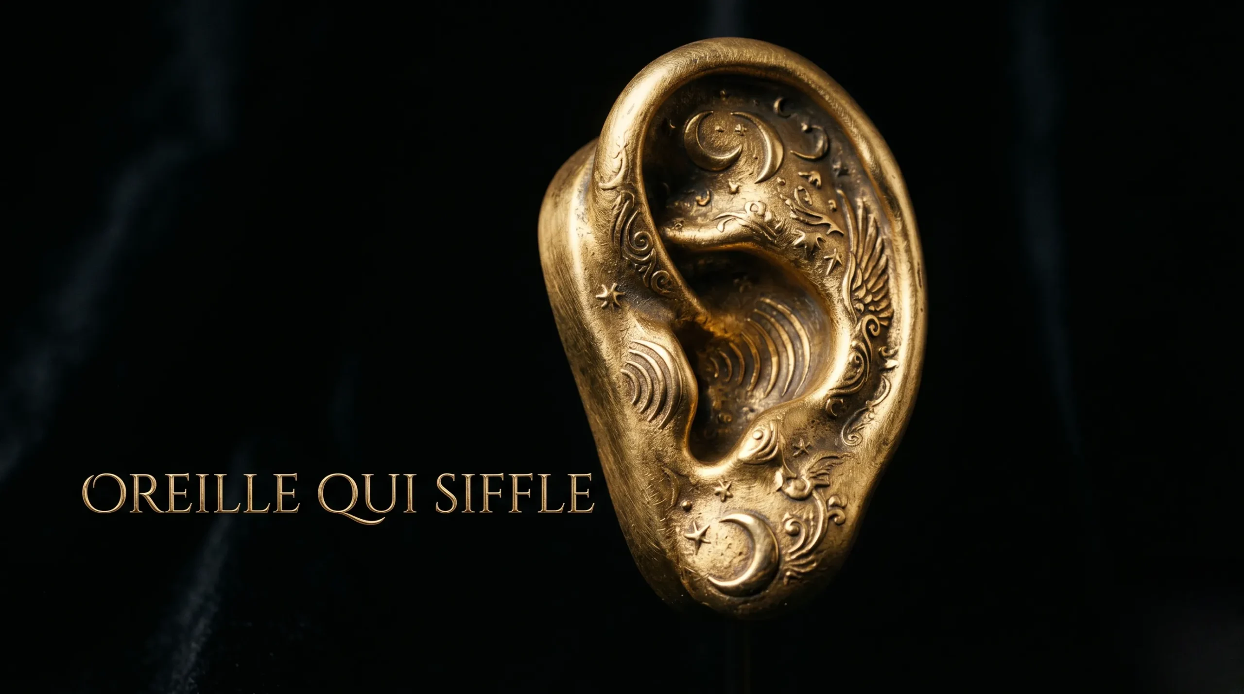 Sculpture d'oreille ornementale avec texte stylisé signifiant les messages spirituels.