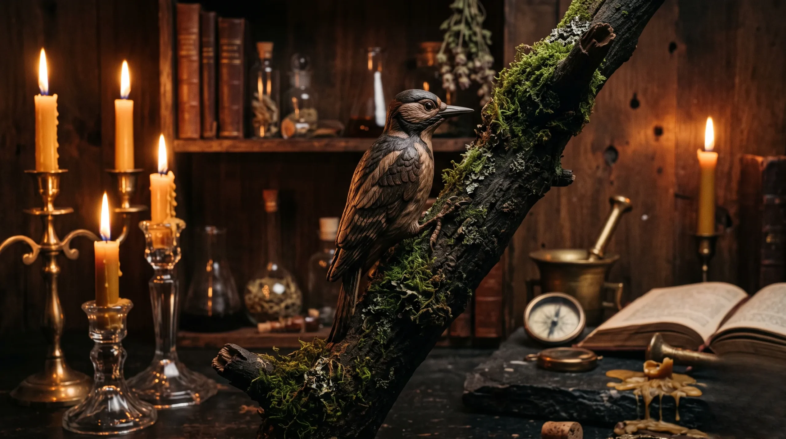 Sculpture en bois d'un pivert dans une atmosphère mystique et chaleureuse pour illustrer sa signification spirituelle. Pivert dans le jardin signification