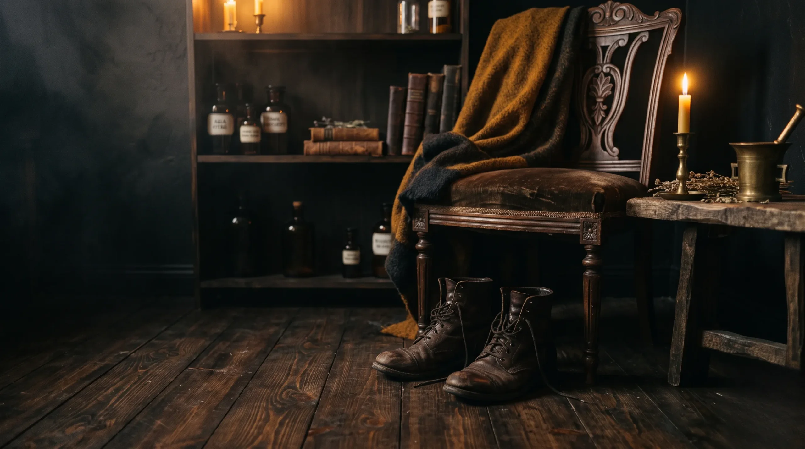 Chaussures en cuir près d'une chaise ancienne, évoquant la nostalgie du rêve de son fils adulte. Rêver de son fils adulte
