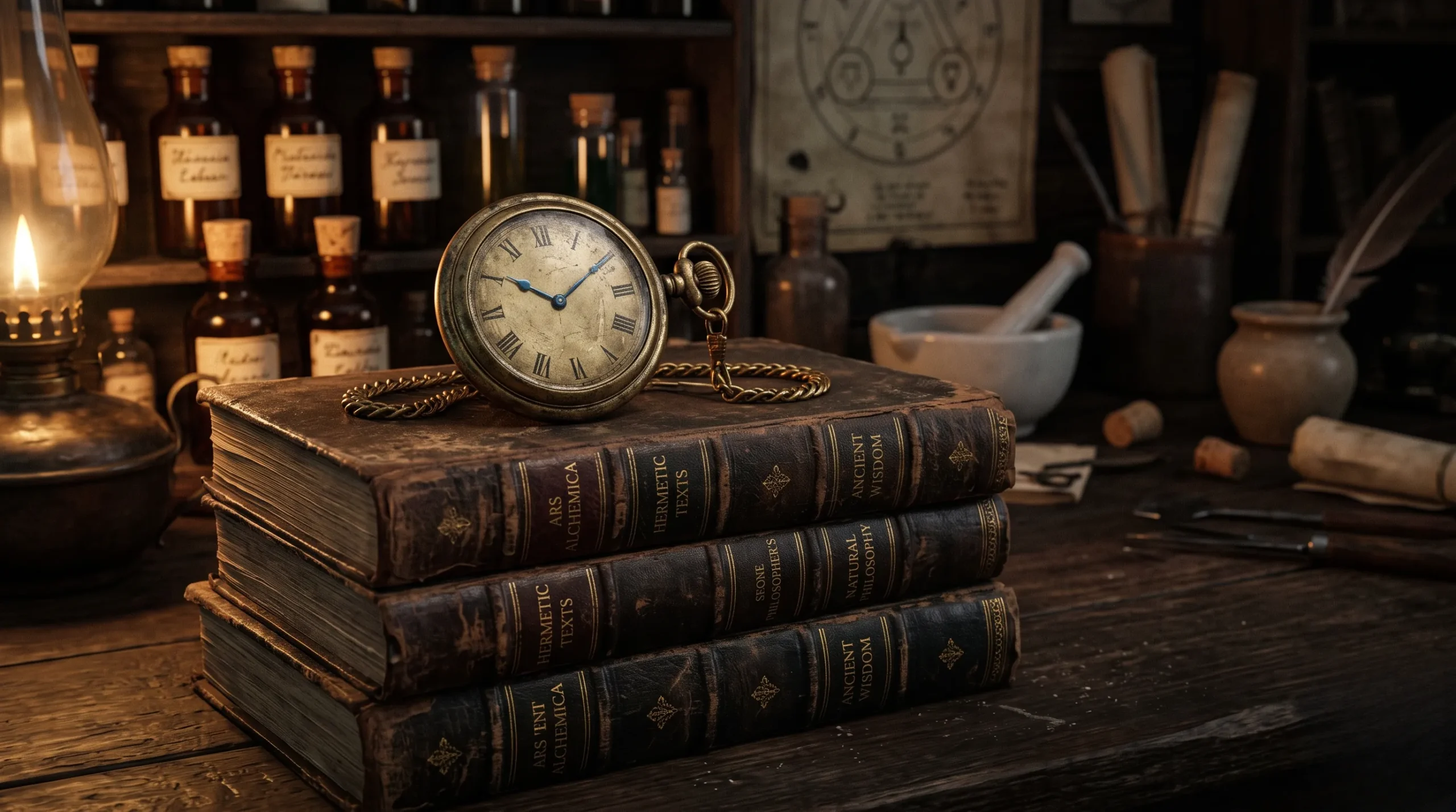 Montre à gousset sur des vieux livres, évoquant le mystère des rêves d'une personne connue. Rever d'un homme que l'on connait
