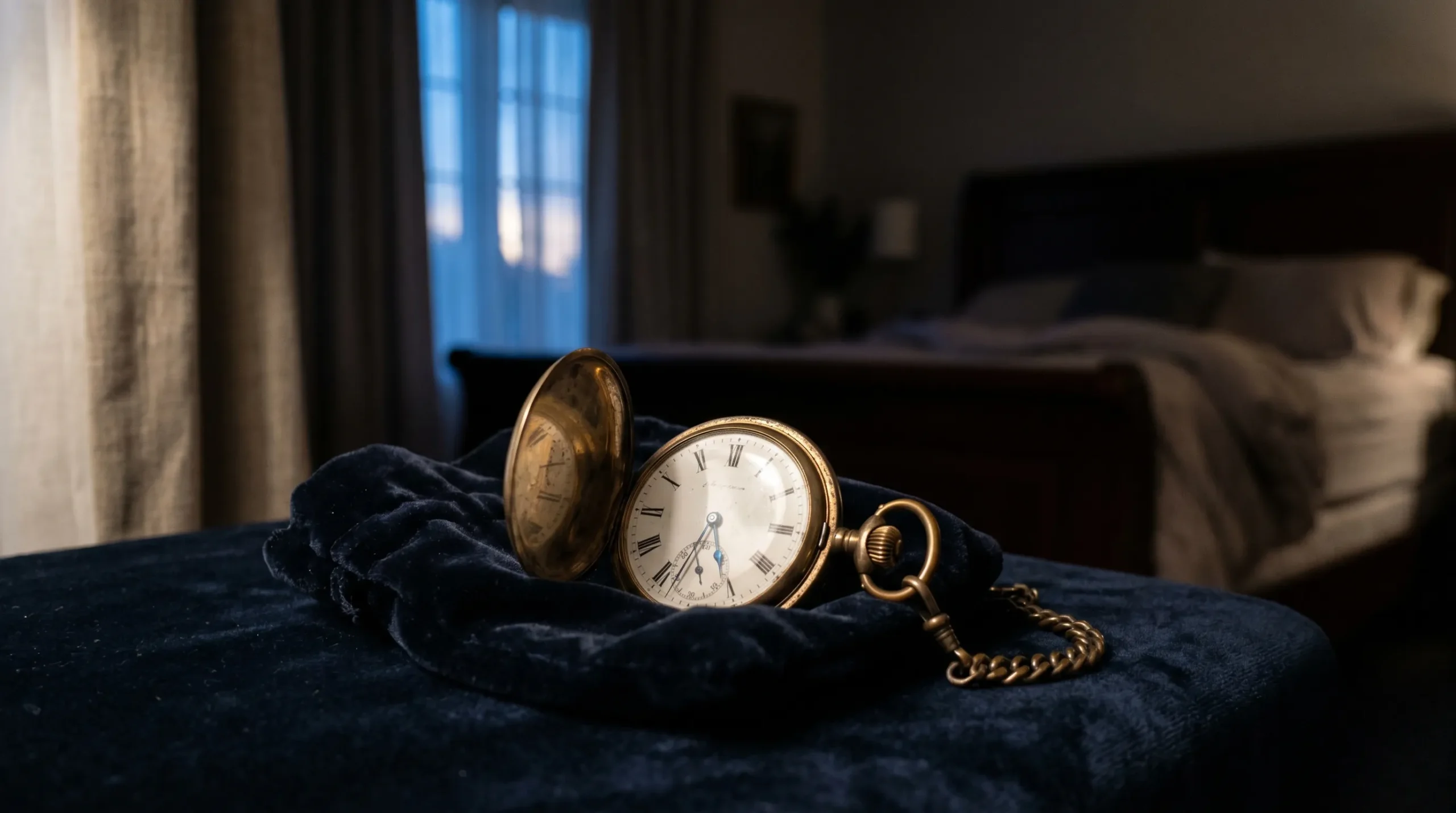Une montre à gousset sur du velours dans une chambre baignée par la lumière mystique de l'aube. Se réveiller à 5h du matin signification spirituelle