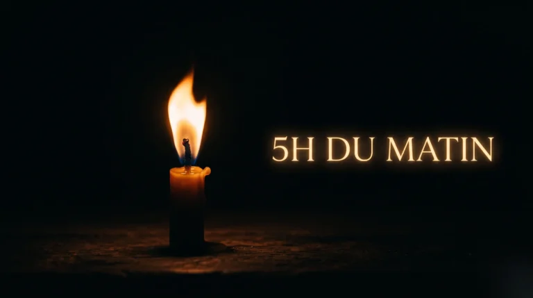 Une bougie allumée dans l'obscurité avec le texte doré 5h du matin évoquant une signification spirituelle.