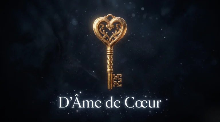 Clé dorée en forme de cœur avec une typographie mystique pour l'éveil de l'âme.