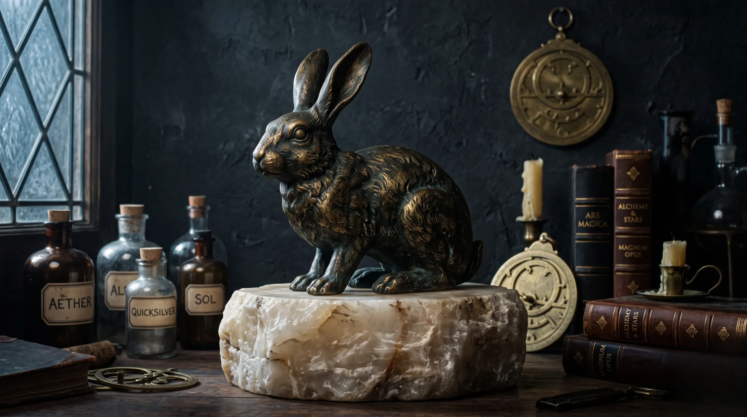 Une sculpture en bronze représentant le lapin du signe chinois 1999 dans un décor luxueux et mystique. Signe chinois 1999