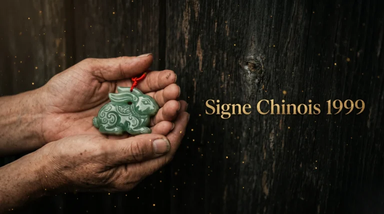 Gros plan sur une amulette en jade symbolisant le signe chinois de 1999 avec un texte élégant pour le SEO.