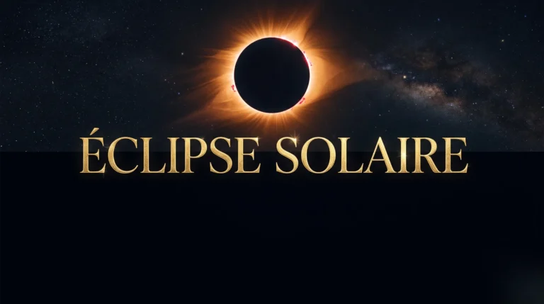 Image d'une éclipse solaire totale avec typographie élégante pour un article ésotérique.