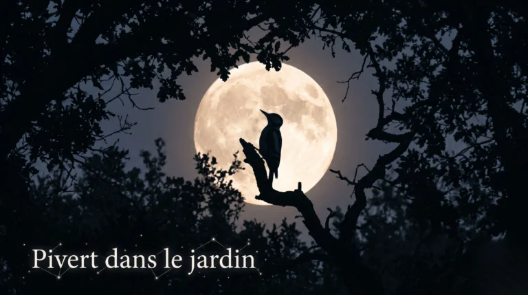 Image éditoriale d'un pivert sous la lune avec une typographie élégante et mystique.