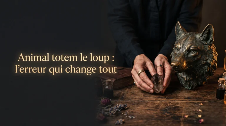 Des mains fines manipulent un cristal fumé près d'un loup en bronze sous une lumière dorée et mystique pour illustrer l'animal totem