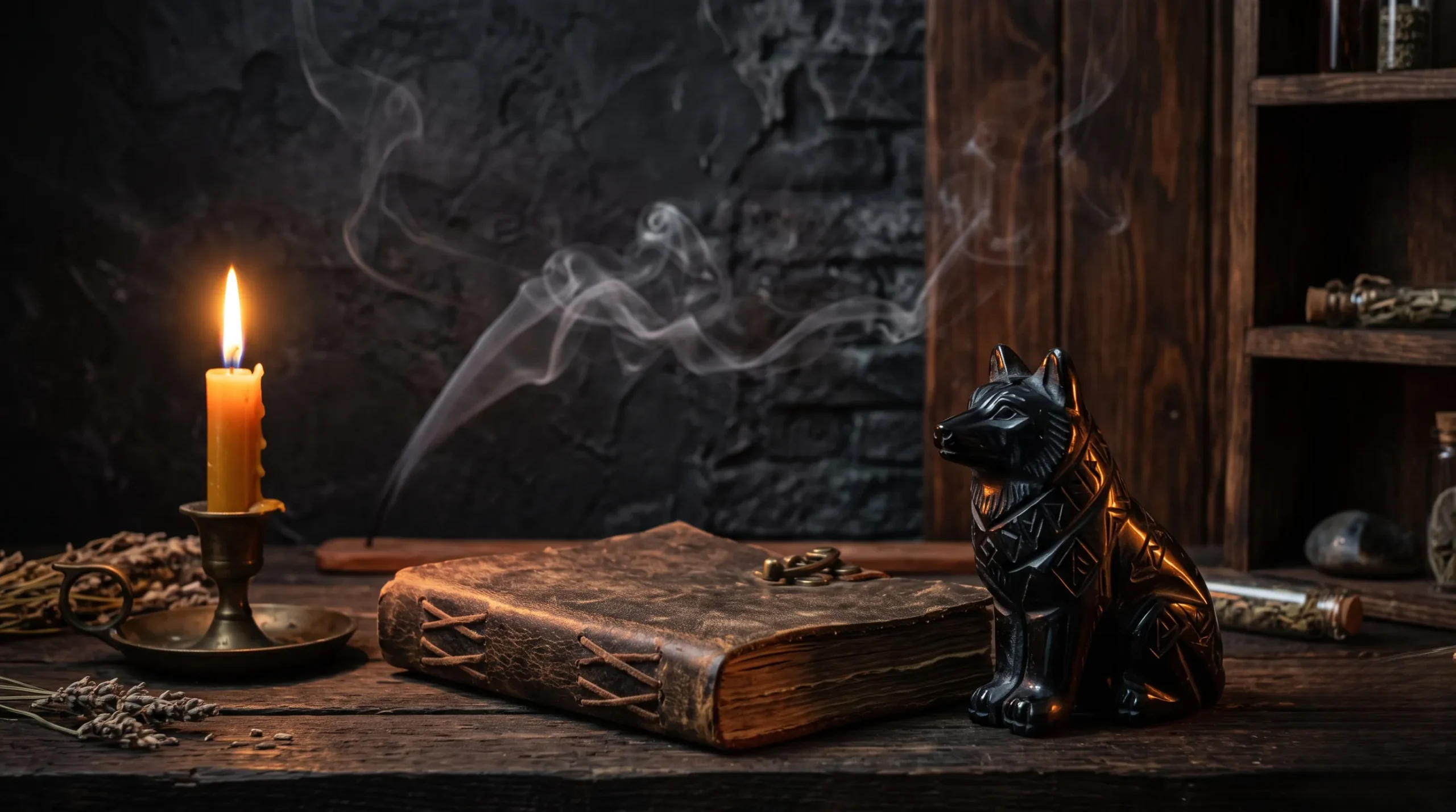 animal totem le loup : Une bougie ambrée illumine un grimoire en cuir et une statuette de loup sur fond de bois sombre et d'ombres profondes
