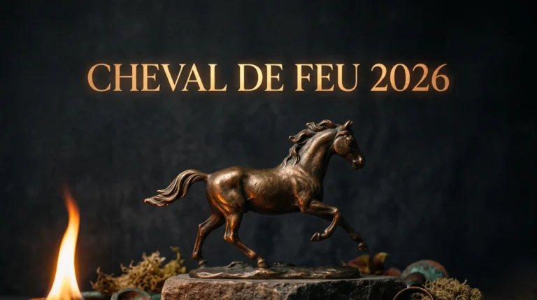 Statuette en bronze d'un cheval en mouvement sous une lumière ardente, avec le titre Cheval de Feu 2026 en or.