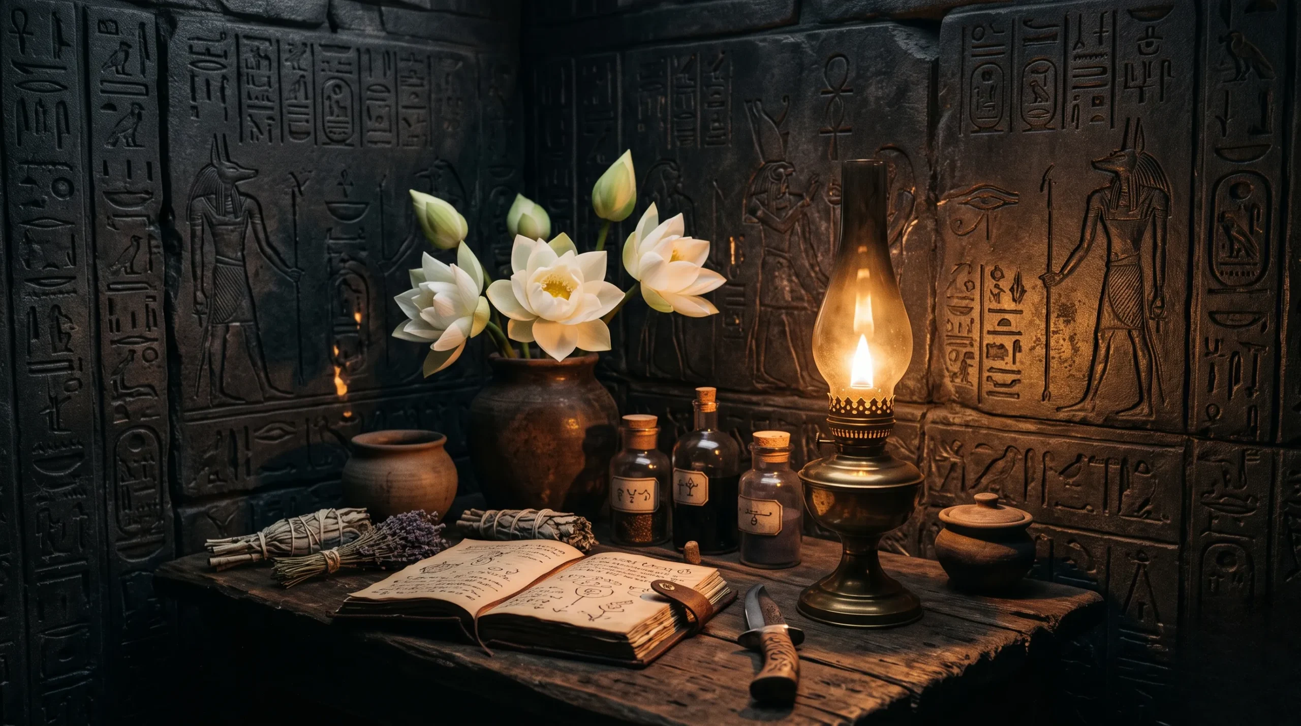 anubis : Une lampe à huile éclaire des hiéroglyphes et des objets sacrés dans un décor ancien et ténébreux
