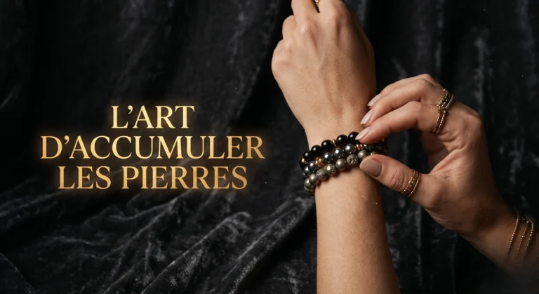 Gros plan de mains ajustant plusieurs bracelets en pierres naturelles empilés avec un texte doré ésotérique sur fond noir