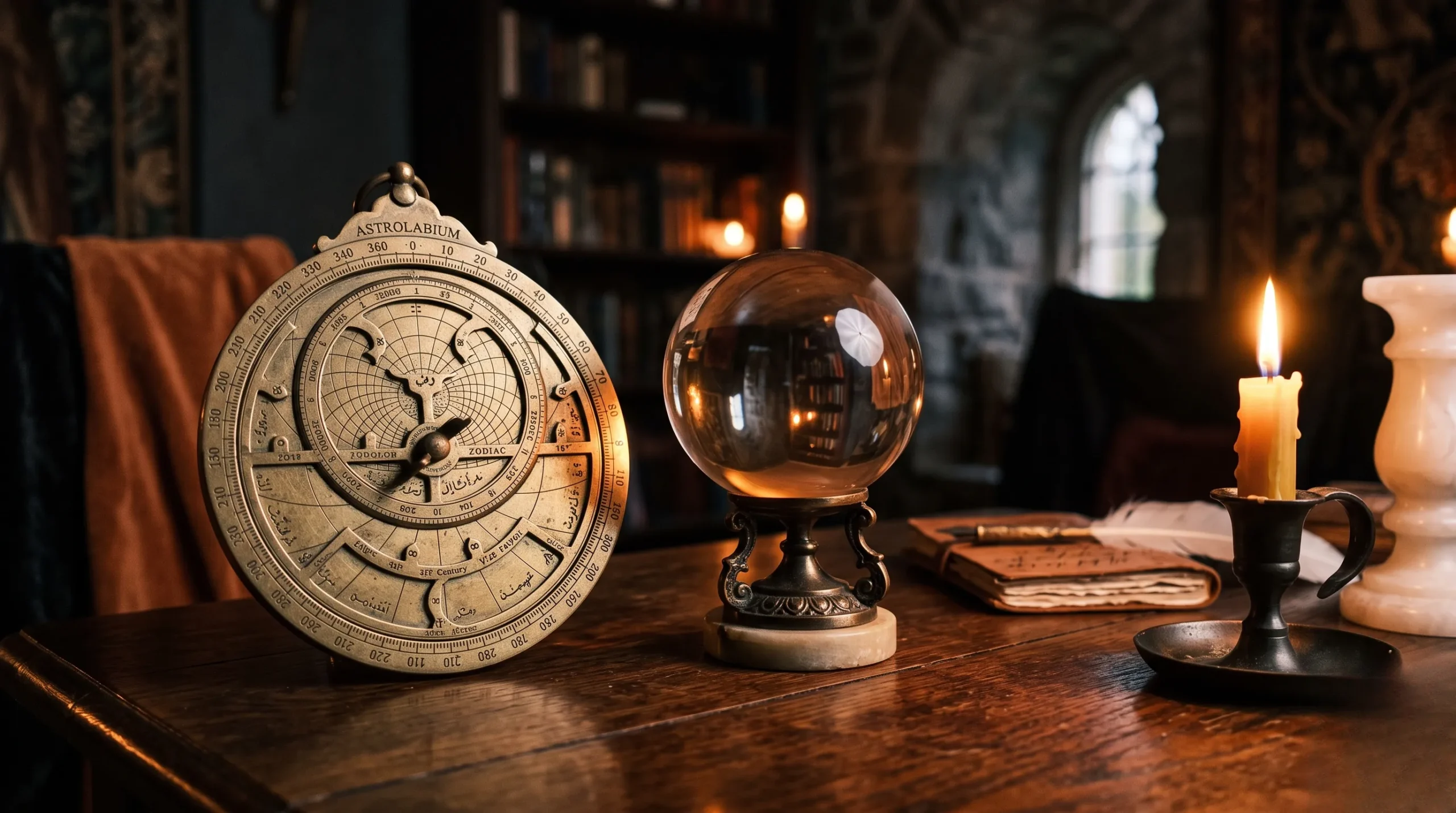 Mise en scène mystique montrant des mains traçant une carte céleste dorée sur du velours sombre, avec un espace de texte affichant 'Astrologie vs Voyance' en lettres dorées.