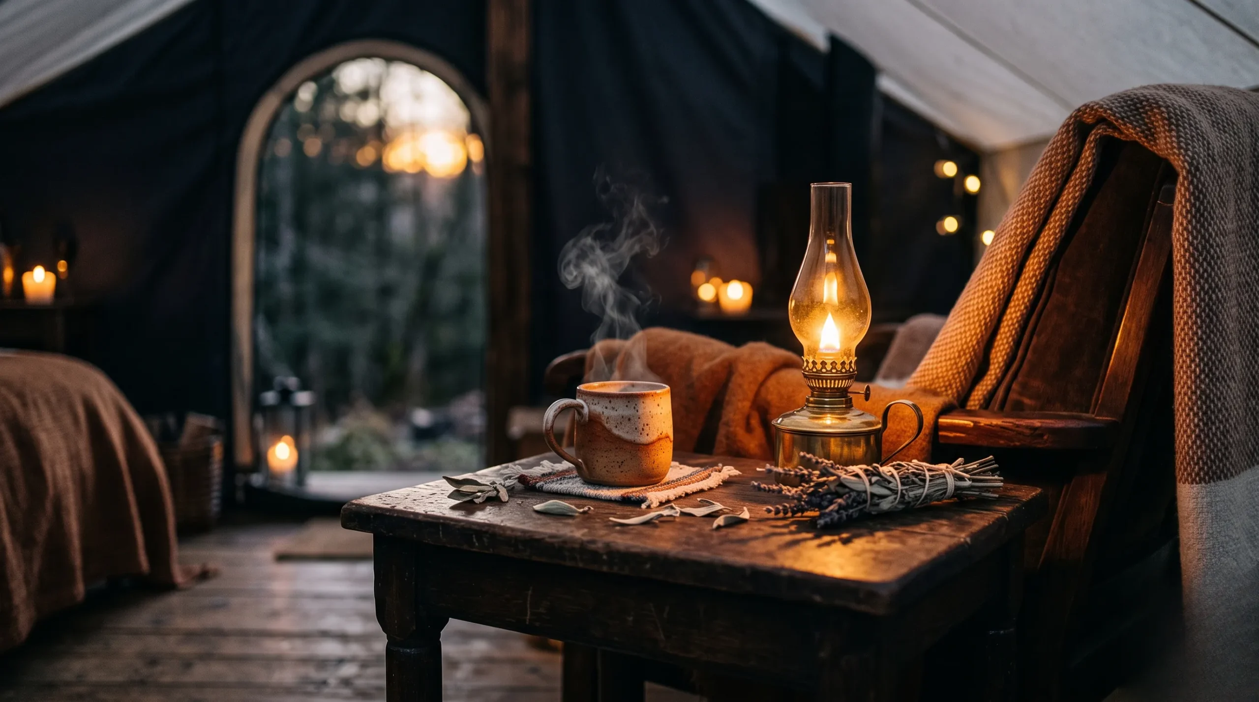 Intérieur de tente luxueux et chaleureux lors d'un bivouac sous les étoiles.