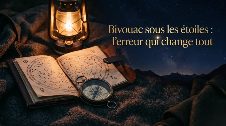 Compas ancien et carte du ciel sous les étoiles, illustration pour un bivouac mystique.