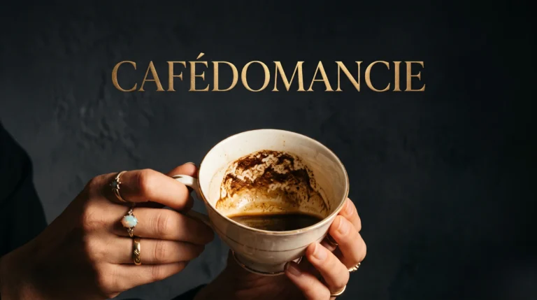 Gros plan sur une tasse de café utilisée pour la divination, avec le titre Cafédomancie en lettrage doré.