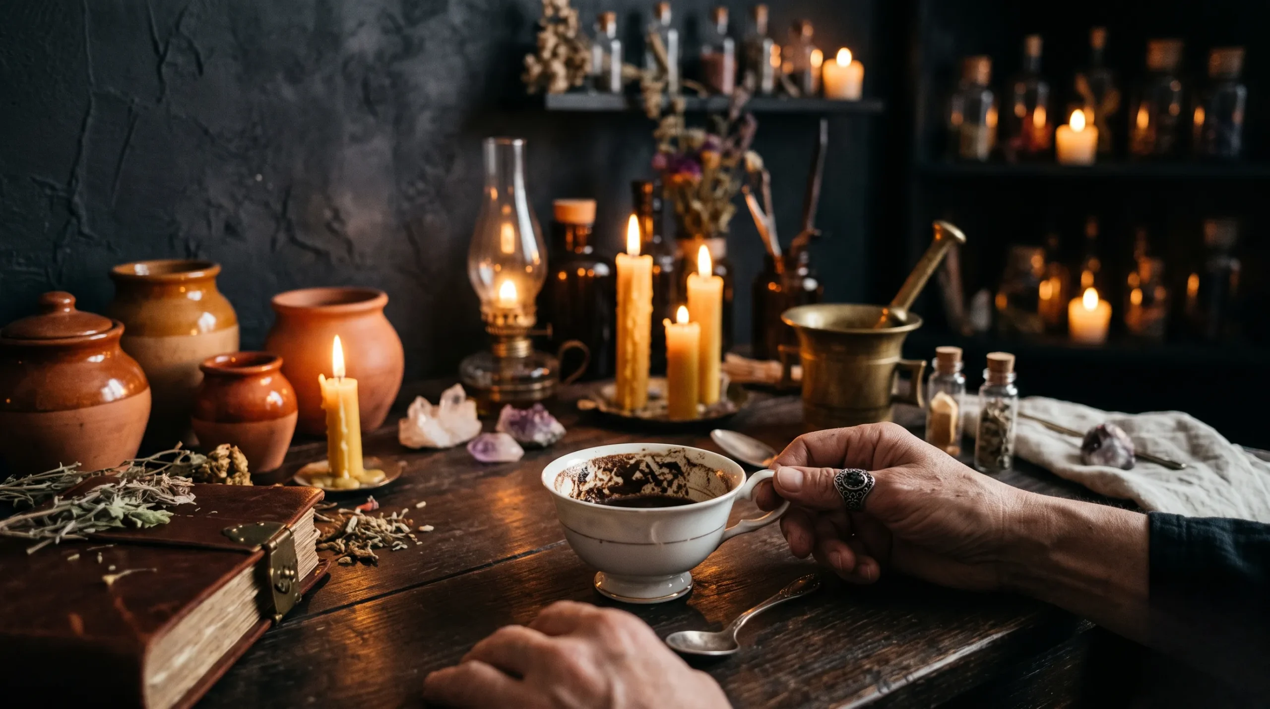 Tasse de café turc et poteries artisanales dans une ambiance tamisée, pour une séance de cafédomancie.