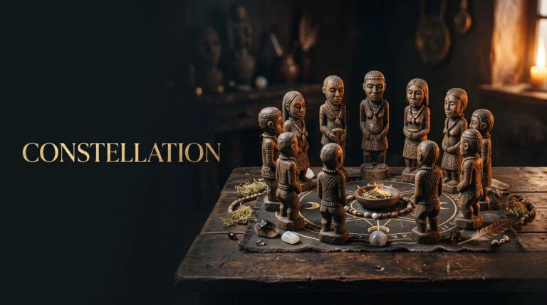 Figurines en bois disposées en cercle pour une constellation familiale, avec le titre Constellation en lettres dorées.