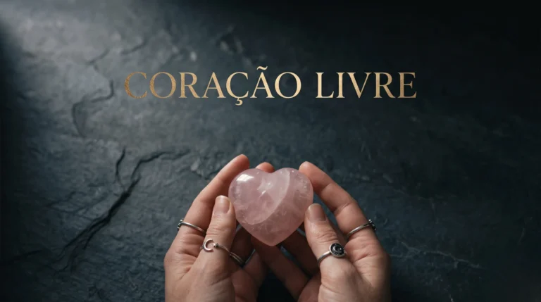 Gros plan sur des mains tenant un cœur en quartz rose, avec le titre Coração Livre incrusté en lettres dorées.