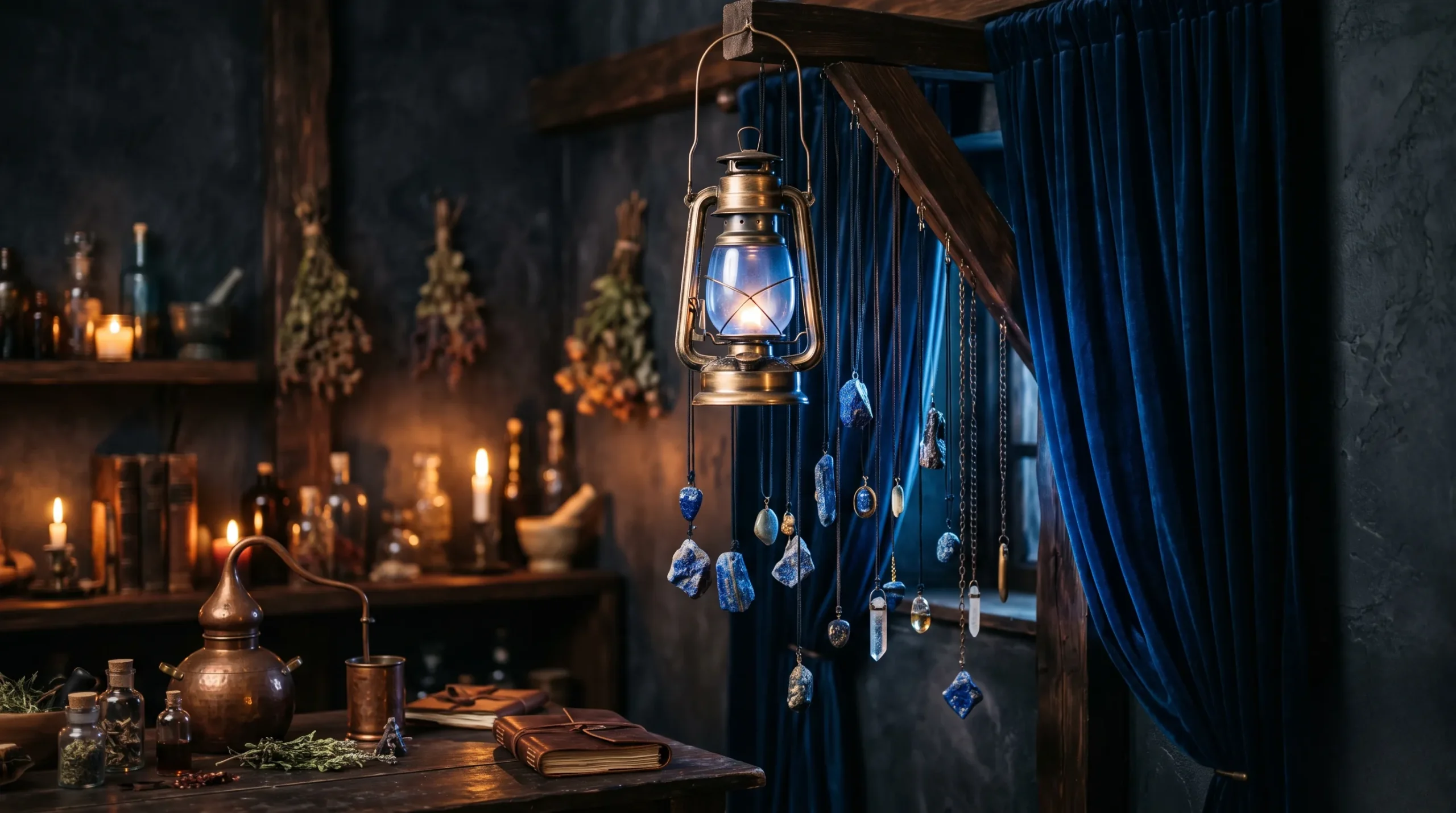 couleur bleu : Une lanterne éclaire des cristaux de lapis-lazuli suspendus devant des rideaux en velours bleu sombre et luxueux