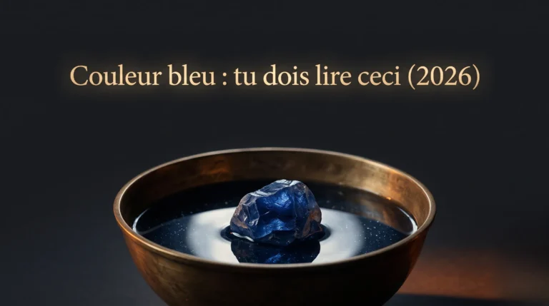 Un saphir bleu brut repose dans un bol en laiton sous un reflet lunaire pour comprendre la symbolique de la couleur bleu