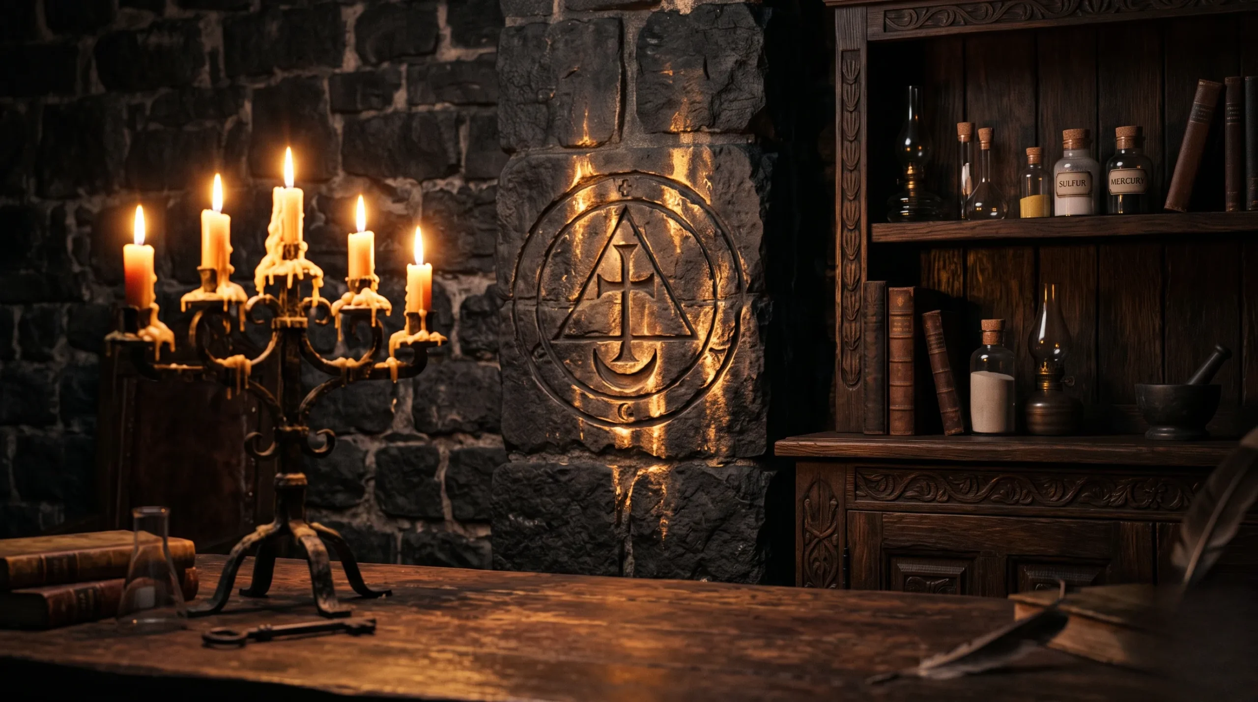 croix occitane : Un candelabra ancien illumine un mur en pierre sombre aux reflets dorés et chaleureux