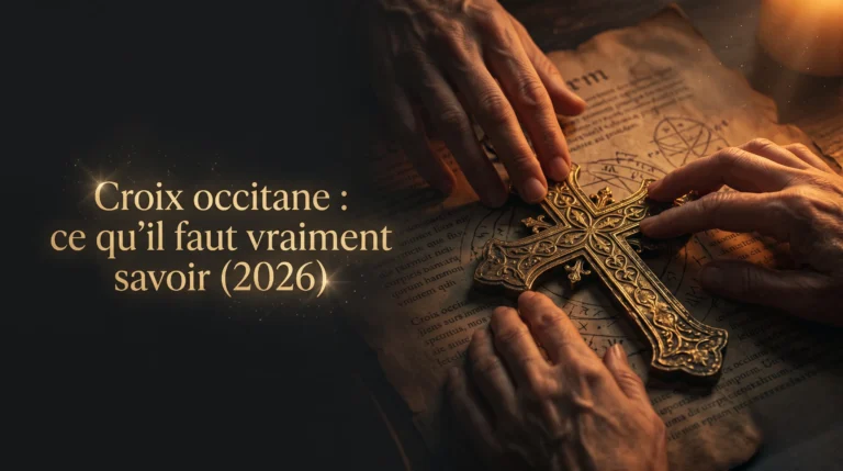 Des doigts effleurent une croix occitane en laiton doré posée sur un parchemin ancien pour tout savoir sur son histoire