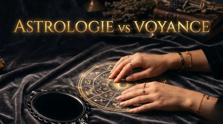 Gros plan sur une table en bois sombre avec un astrolabe en laiton doré et une boule de cristal, éclairés par la douce lueur d'une bougie dans une ambiance mystique haut de gamme.