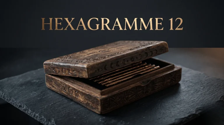 Coffret divinatoire ancien entrouvert sur fond sombre, avec le titre Hexagramme 12 incrusté en or.