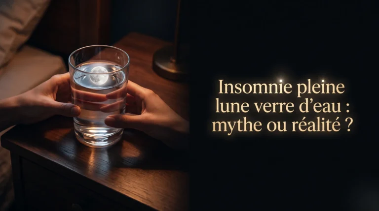Des mains posent un verre d'eau reflétant la lune sur une table de nuit pour comprendre le rituel de l'insomnie