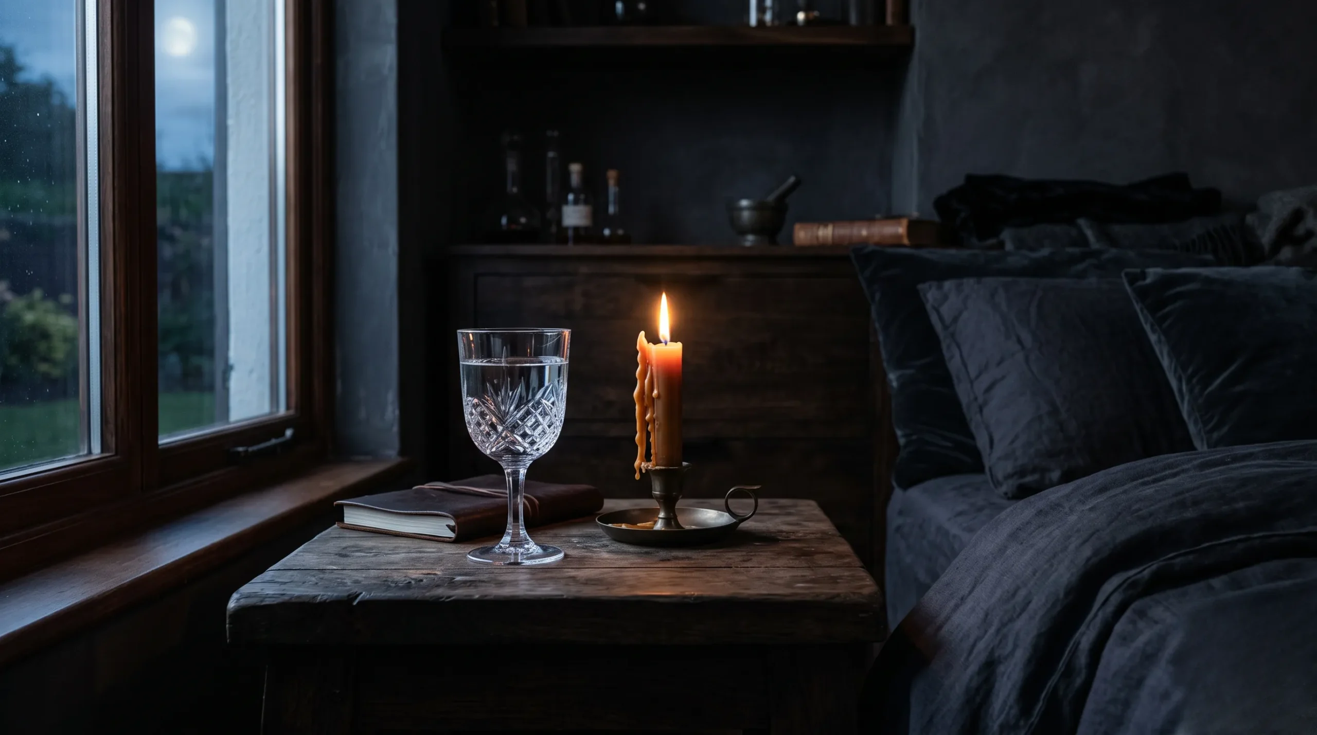 Un verre d'eau scintille sous les rayons de la lune à côté d'une bougie allumée dans une chambre sombre